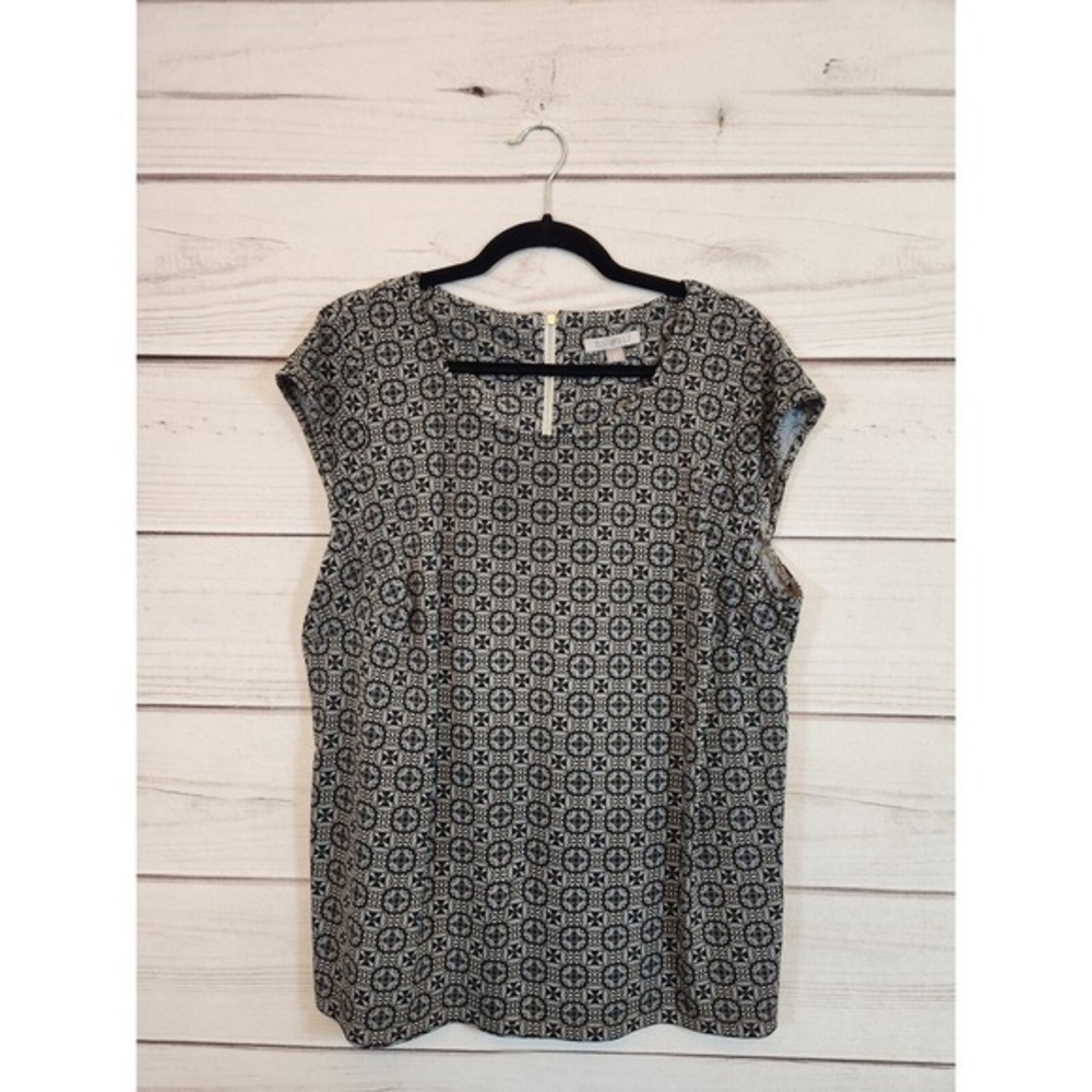 Roz & Ali Womens Black Gray Stretch Geometric Cap Sleeve Scoop Neck Blouse Sz 1X